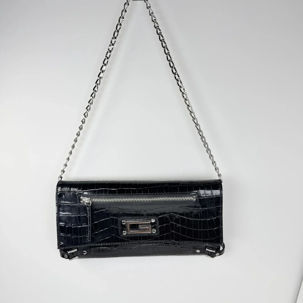 GUESS Black Croc Embossed Shoulder Bag Silver Chain Strap Vintage Y2K Purse